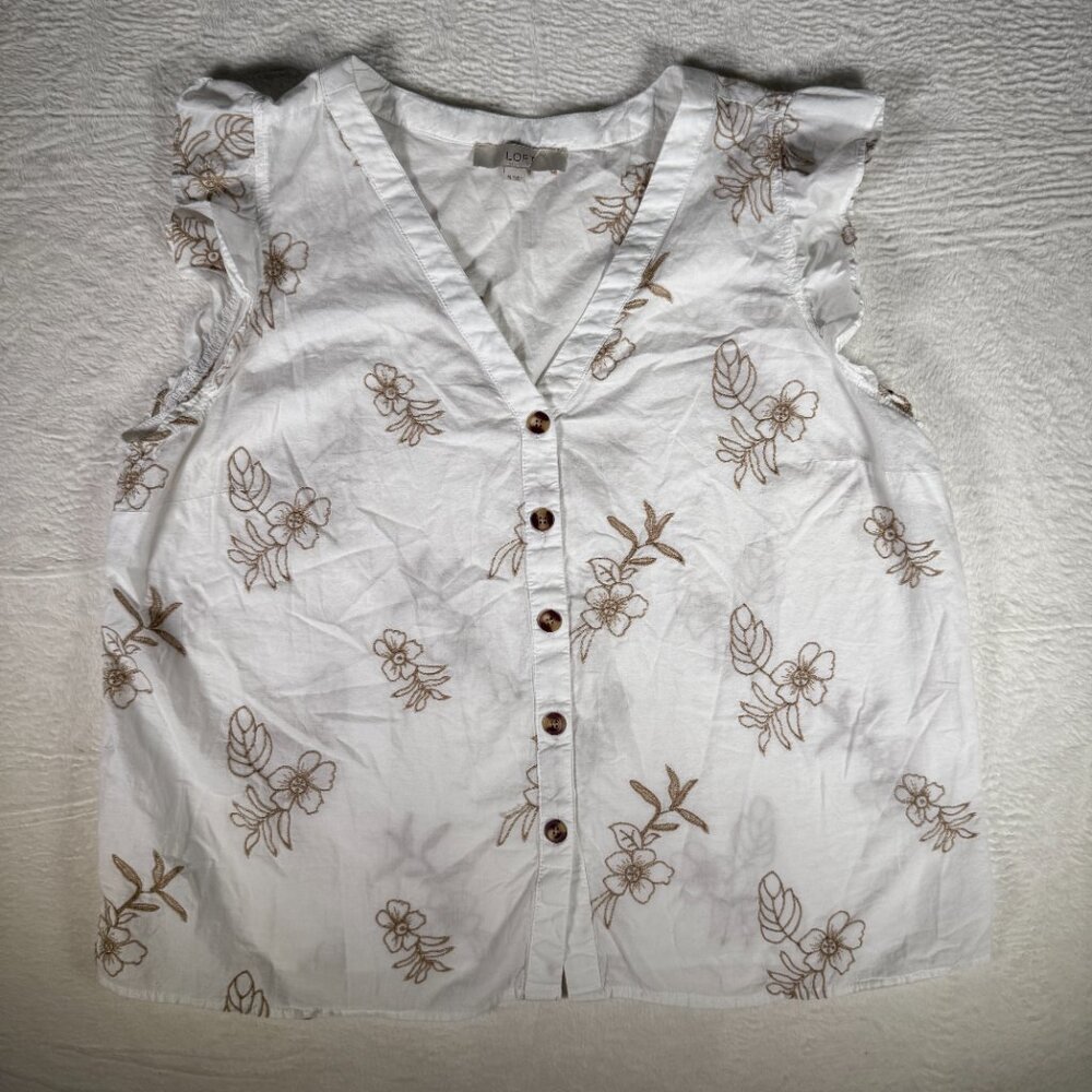 Women's Loft White XL Cap‎ Sleeve Button Down Ruffle Blouse, Floral Embroidered